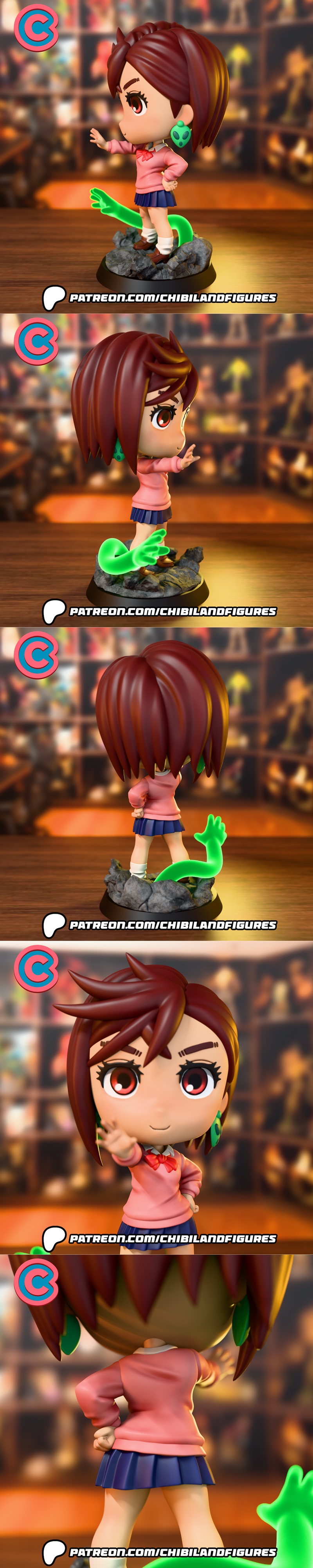 Chibi Momo Ayase from Dandadan anime, wearing a pink sweater, blue skirt, and white socks, with a green energy effect...