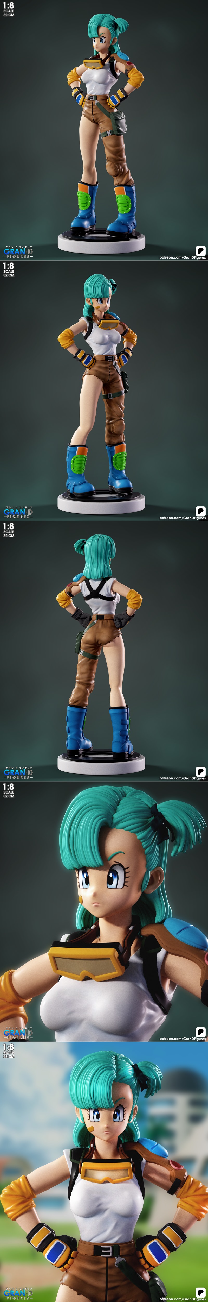1:8 scale 32cm Bulma figure from Dragon Ball by Gran D Figures, wearing adventurer outfit with goggles and boots, sta...