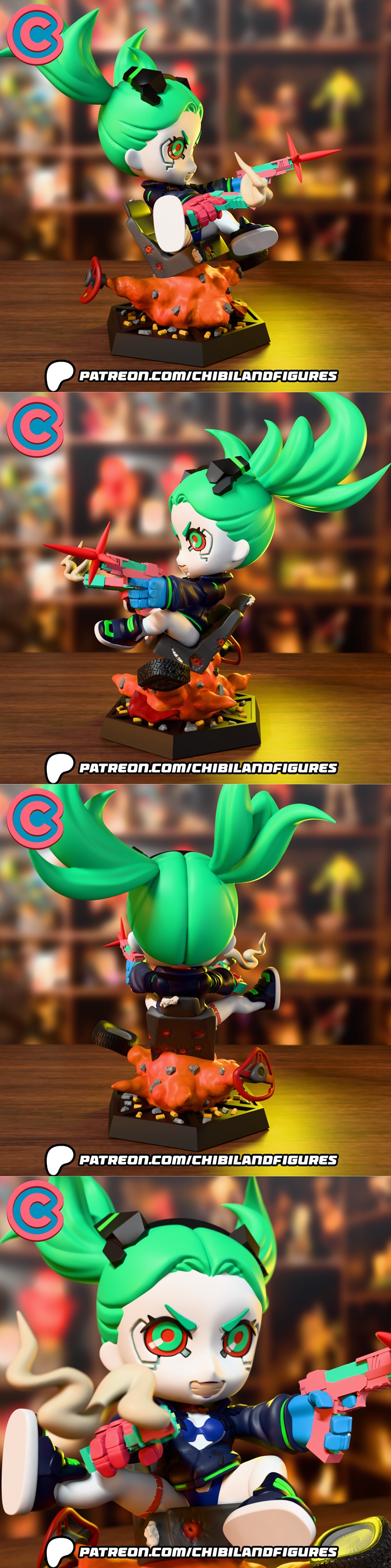 Chibi Rebecca from Cyberpunk Edgerunners, a 3D printable figure by Chibi Land Figures, with green hair, cybernetic de...