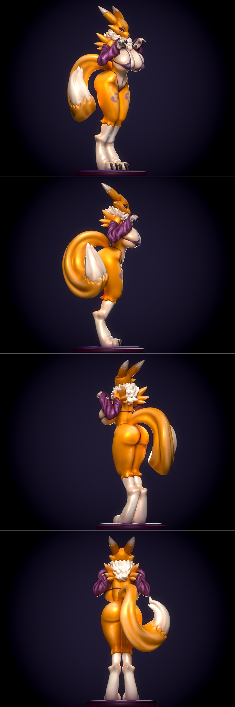 3D model of Renamon from Digimon, presented by Vikava, wearing a purple bikini and jacket, shown from front and side.