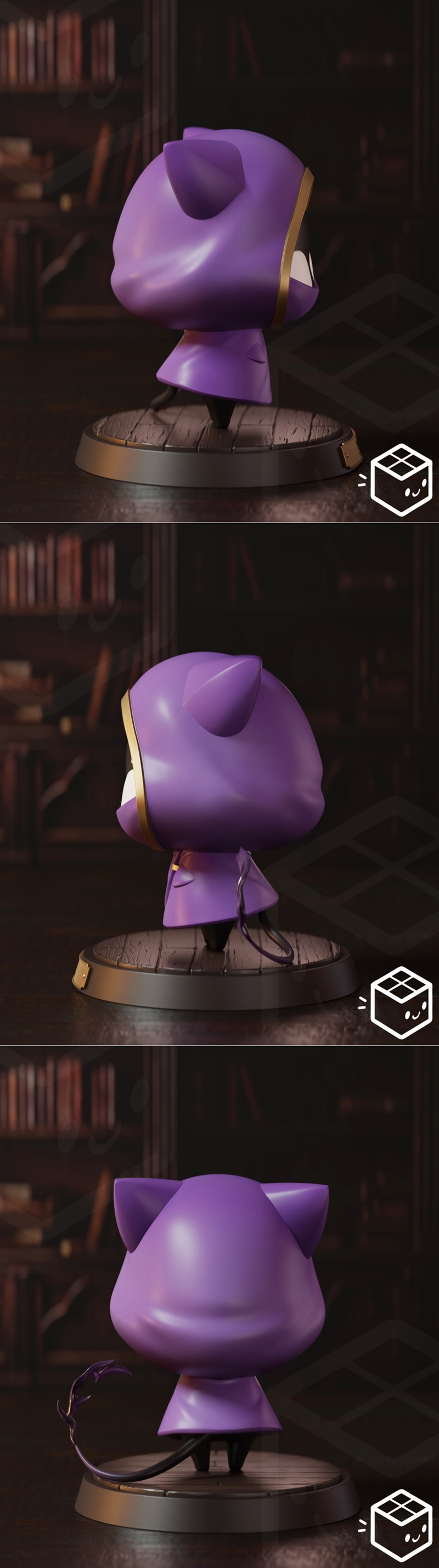 Chibi figure of Shoto Vtuber Companion with cat ears, purple hooded cloak, and white eyes, standing on a circular base.