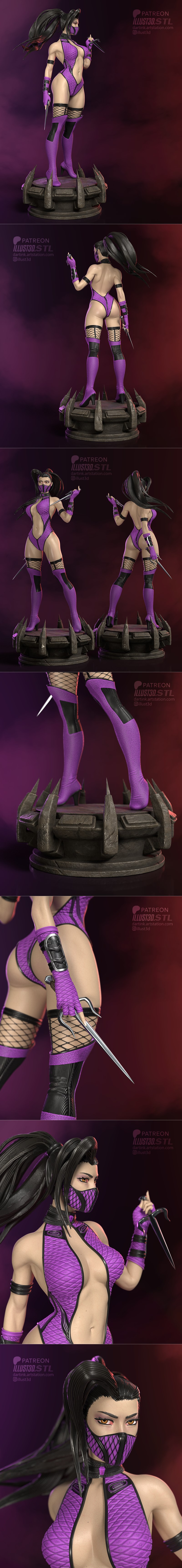Mileena Mortal Kombat 3D model, purple leotard, mask, holding daggers, 1/6 scale, on spiked base.
