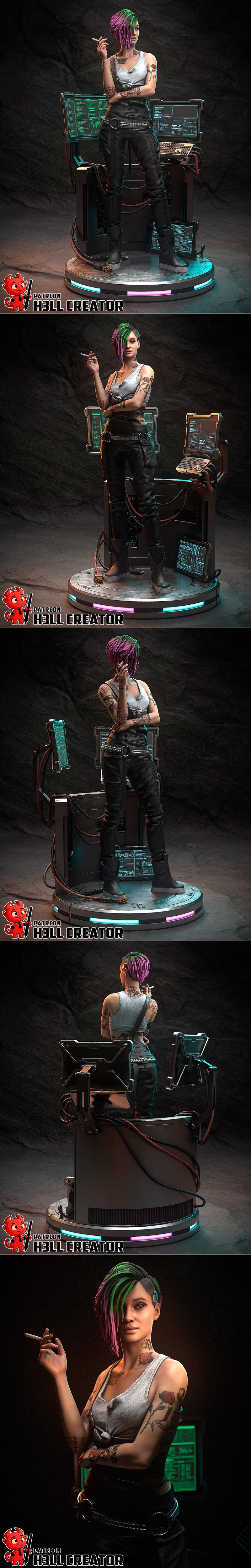 Judy Alvarez from Cyberpunk 2077, a 3D figure by h3LL creator, smoking a cigarette with pink and green hair, wearing...