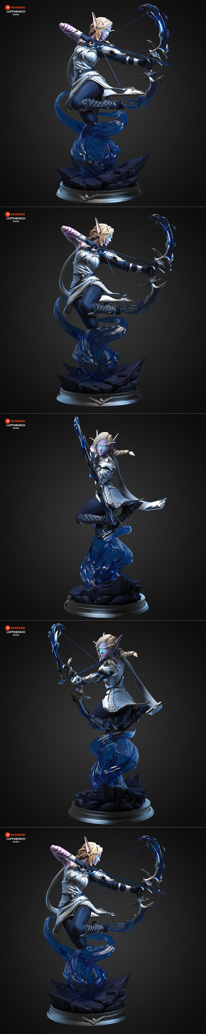 Alleria Windrunner 3D model by Luftmensch Studio, drawing a bow with blue energy effects, wearing white and blue armo...