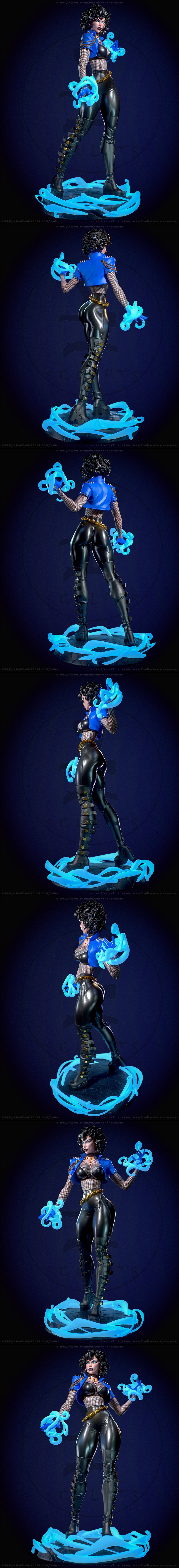 Zatanna figure by Yan-H, wearing a blue jacket, fishnet top, and leather pants, conjuring blue magic with both hands,...