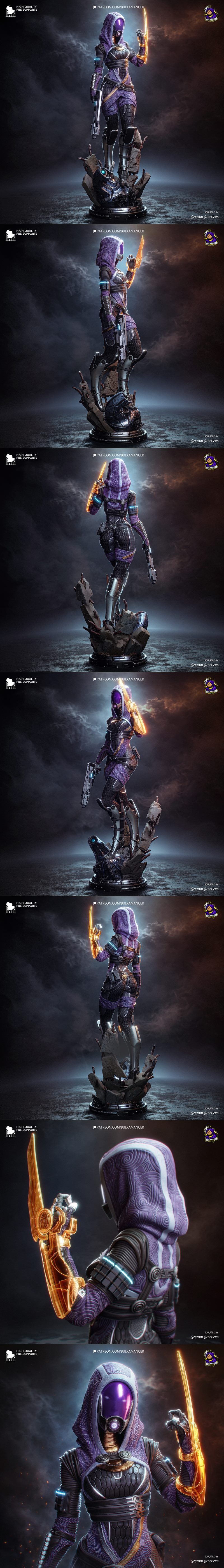 3D model of Tali from Mass Effect, wearing a purple hooded suit and helmet, holding a pistol and glowing energy objec...