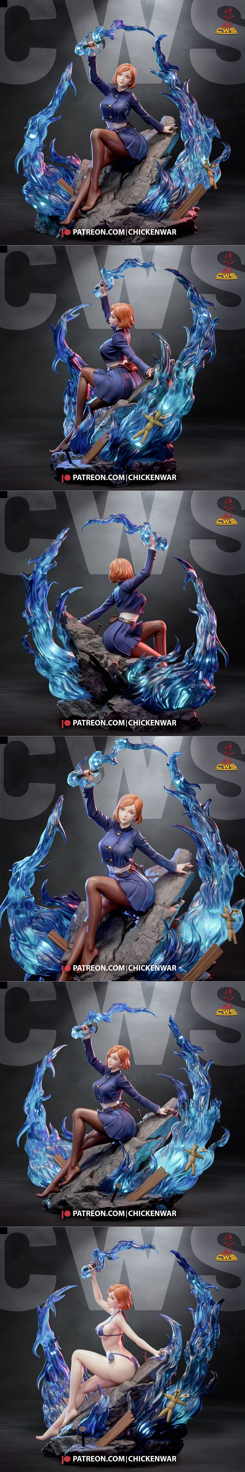 Nobara Kugisaki 3D model figure from Jujutsu Kaisen, seated on rocks with blue energy effects, holding a hammer.