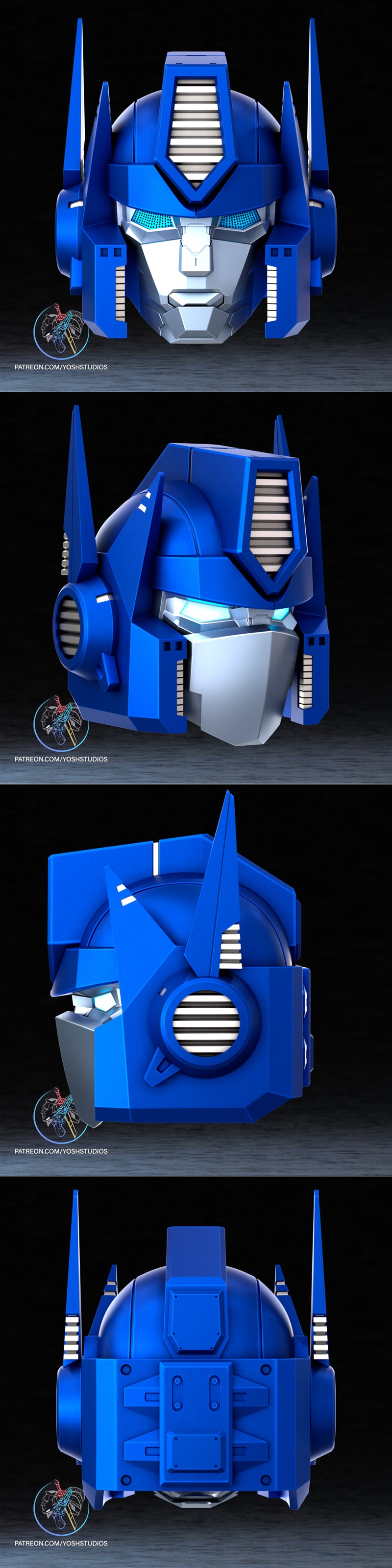 Close-up of G1 Optimus Prime helmet, a 3D model by Yosh Studios, with blue and silver metallic finish, glowing blue e...