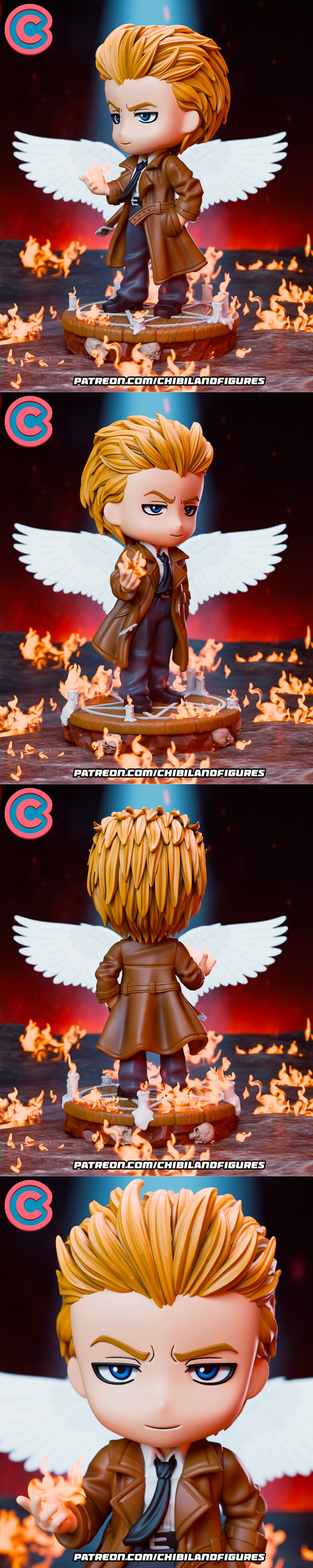 Chibi Hellblazer figure with blonde hair, brown trench coat, and white wings, standing on a fiery pentagram base with...