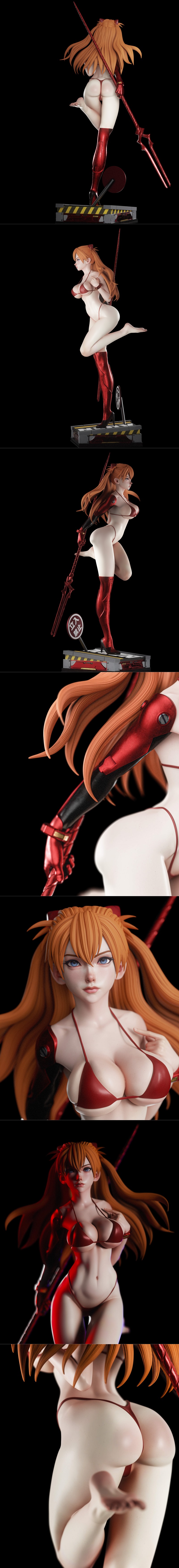 Asuka from Evangelion in a red bikini, holding a spear, wearing red boots and arm guard, standing on a detailed base...