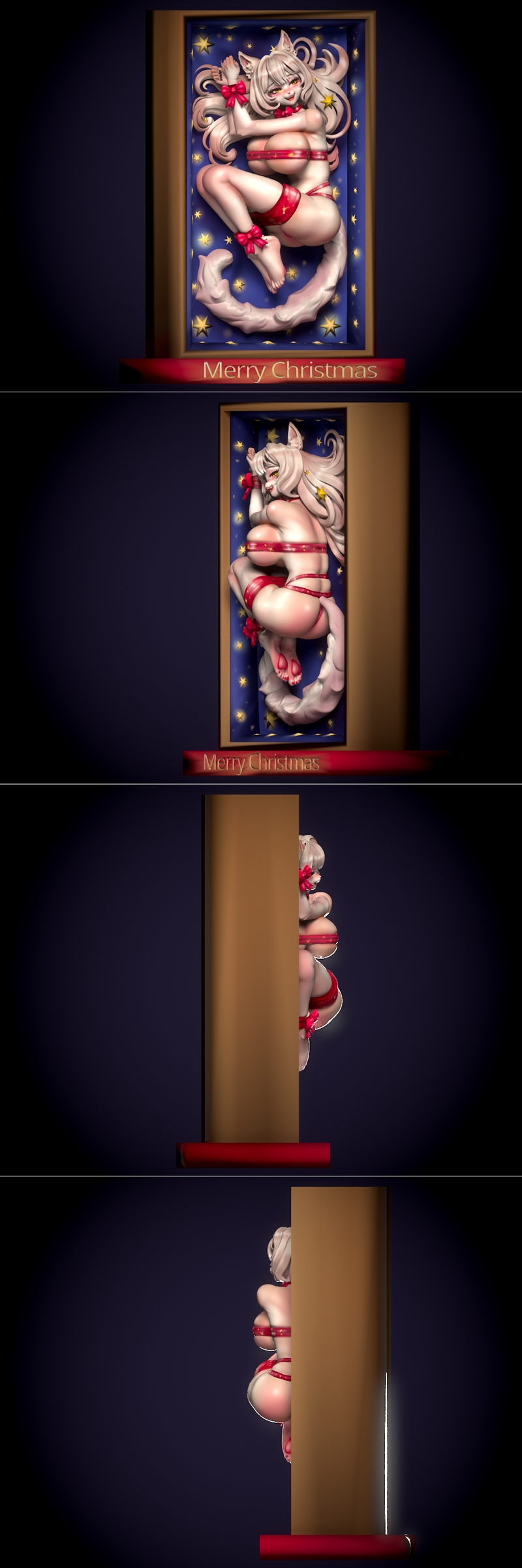 Anime-style catgirl figure in red ribbons and bows, posed suggestively with a fluffy tail against a starry blue backg...