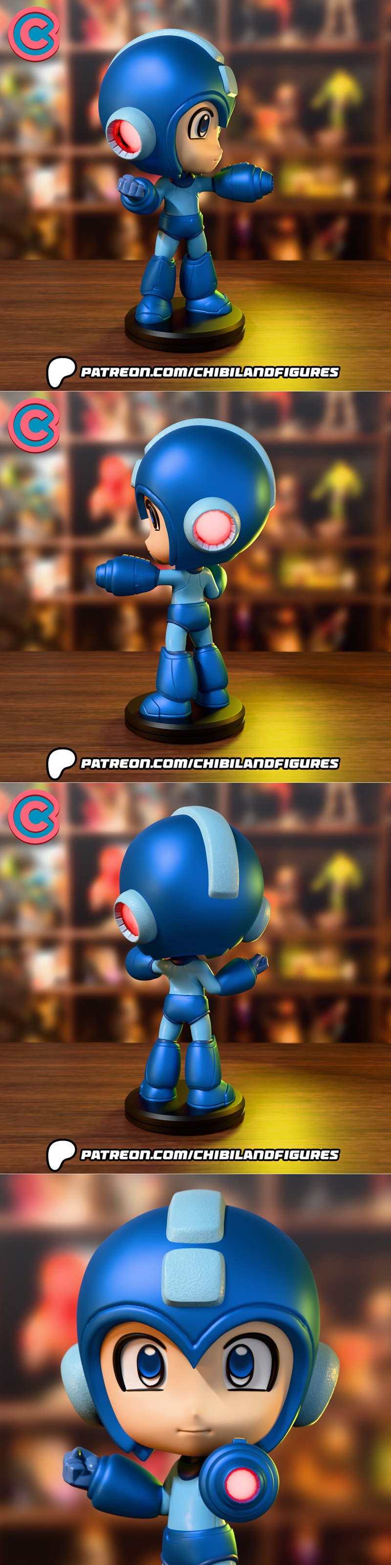 Chibi Mega Man figure with large blue helmet, big eyes, and glowing Mega Buster, standing on a black base. Model by C...