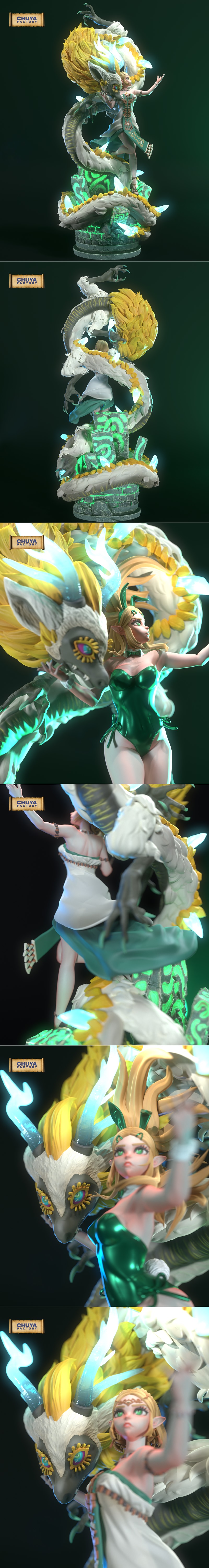 Female character in white dress with tribal accents stands with a large, white and yellow dragon with glowing green c...