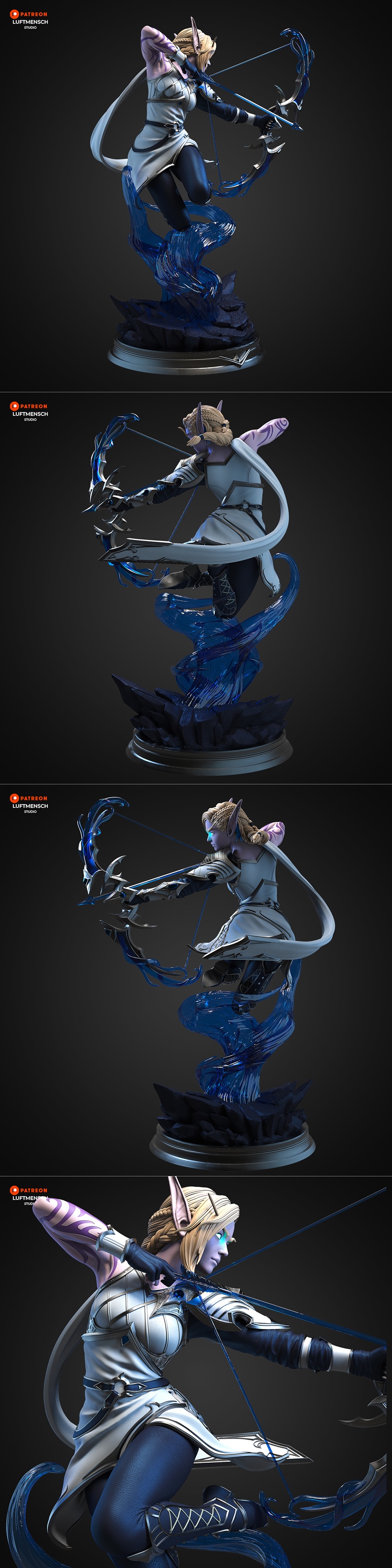 Alleria Windrunner 3D model by Luftmensch Studio, drawing a bow with blue energy effects, wearing white and blue armo...