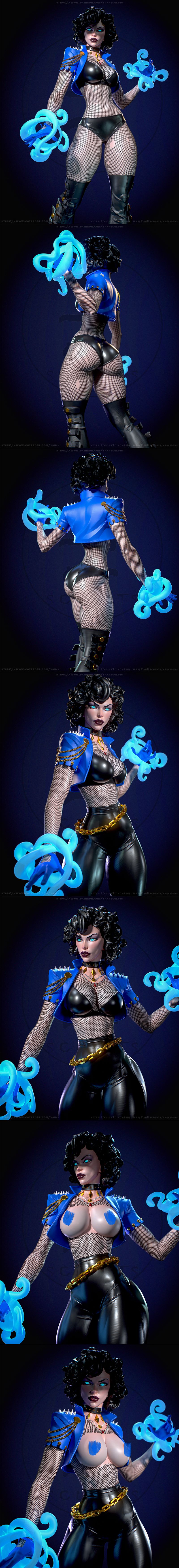 Zatanna figure by Yan-H, wearing a blue jacket, fishnet top, and leather pants, conjuring blue magic with both hands,...