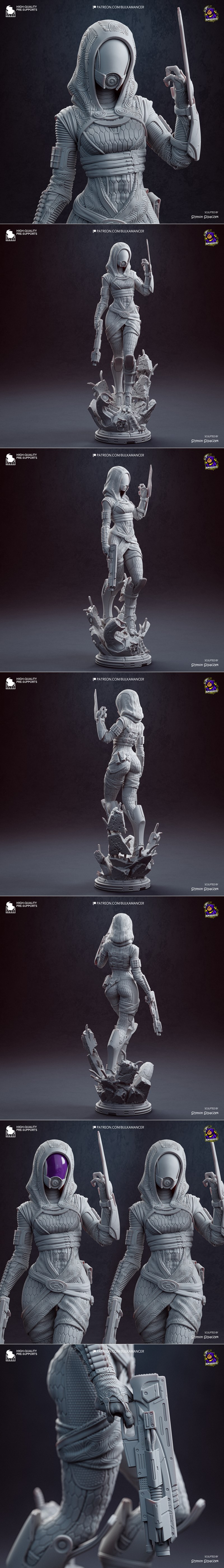 3D model of Tali from Mass Effect, wearing a purple hooded suit and helmet, holding a pistol and glowing energy objec...