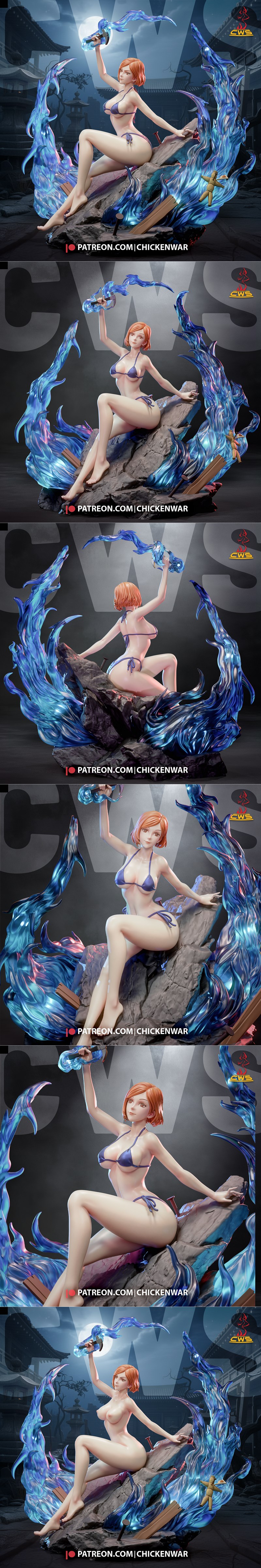 Nobara Kugisaki 3D model figure from Jujutsu Kaisen, seated on rocks with blue energy effects, holding a hammer.