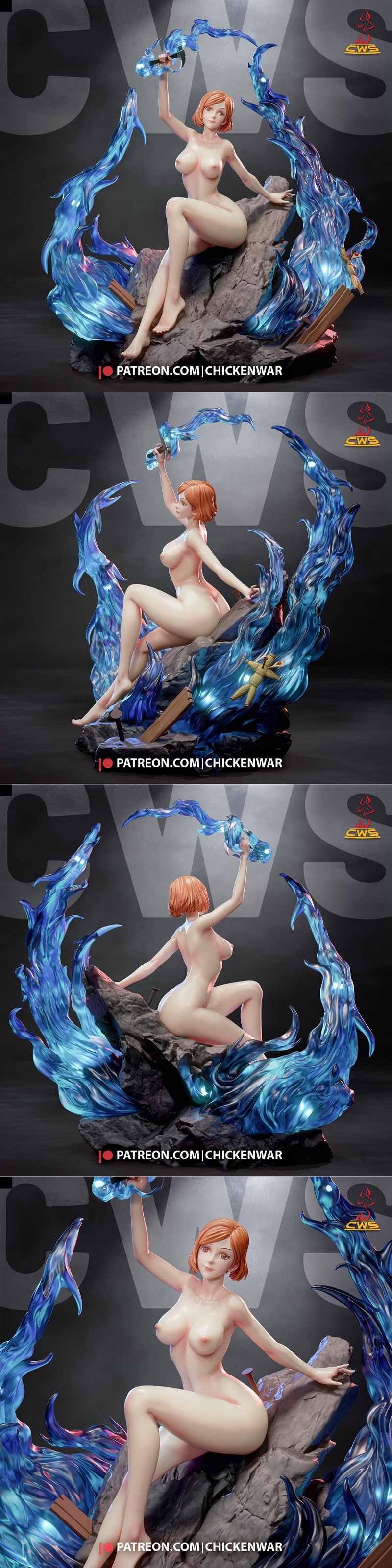 Nobara Kugisaki 3D model figure from Jujutsu Kaisen, seated on rocks with blue energy effects, holding a hammer.