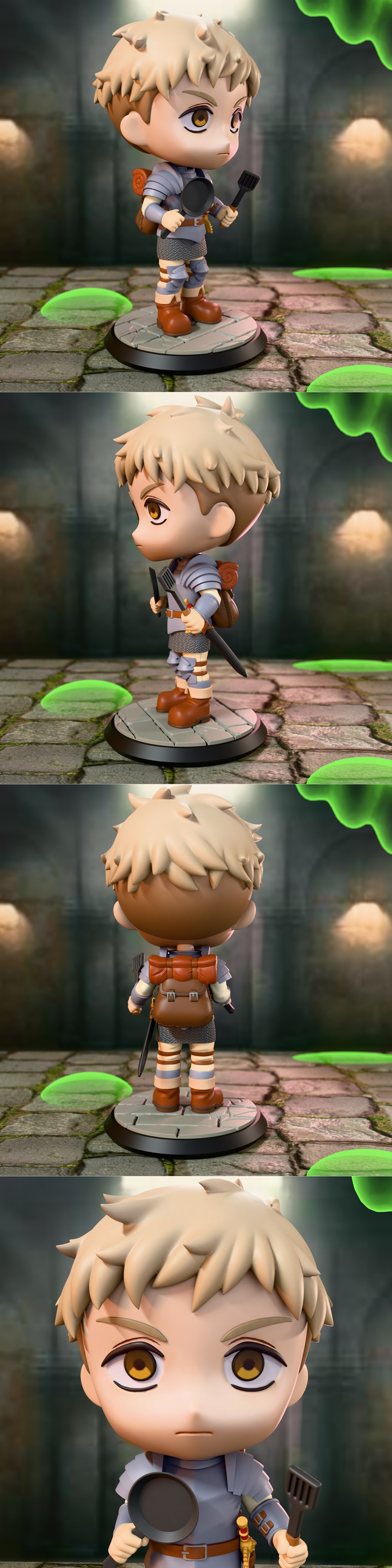 Chibi figure of Laios from Dungeon Meshi, wearing armor and holding a frying pan and spatula, standing on a cobblesto...