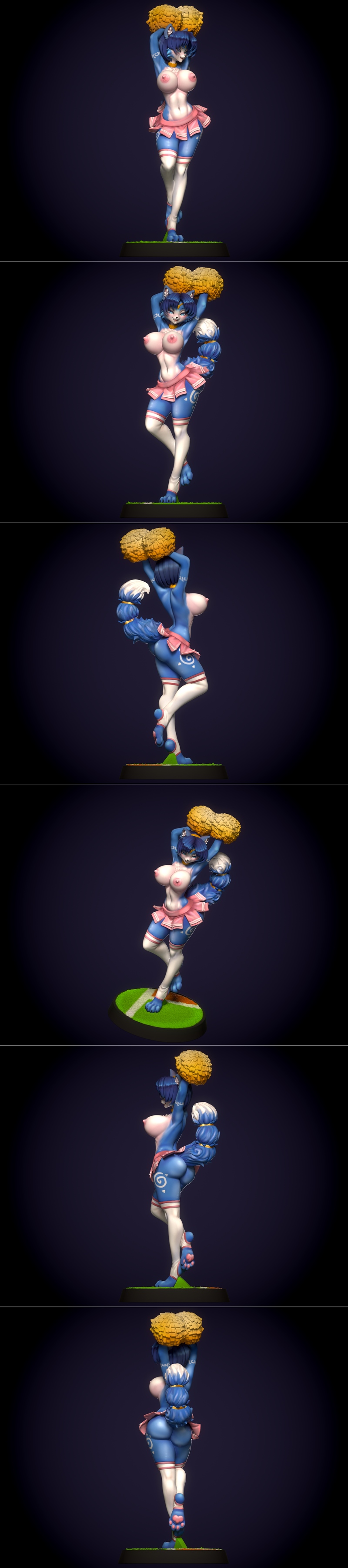 Anthropomorphic blue fox character Krystal Fox in a cheerleader outfit with blue hair and yellow pom-poms, presented...