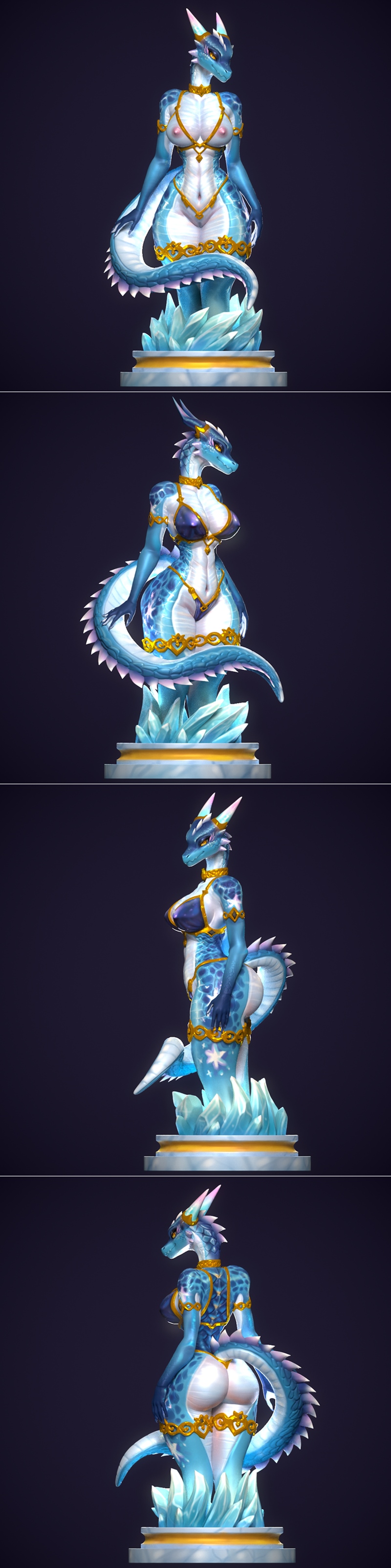 Female dragon character with blue scales, gold jewelry, and bikini top, standing on an ice base. Two versions of the...
