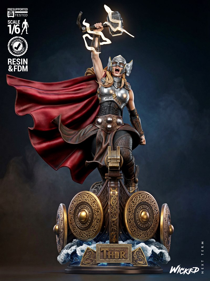 She-Thor sculpture in 1:6 scale, wielding a lightning-charged Mjolnir, wearing ornate armor and a red cape, standing...