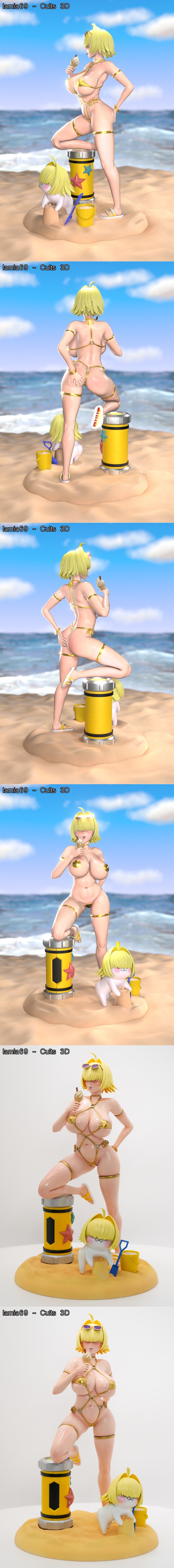 Nikke in a golden bikini on a beach, holding ice cream. A chibi character builds a sandcastle nearby. 3D model by Elegg.