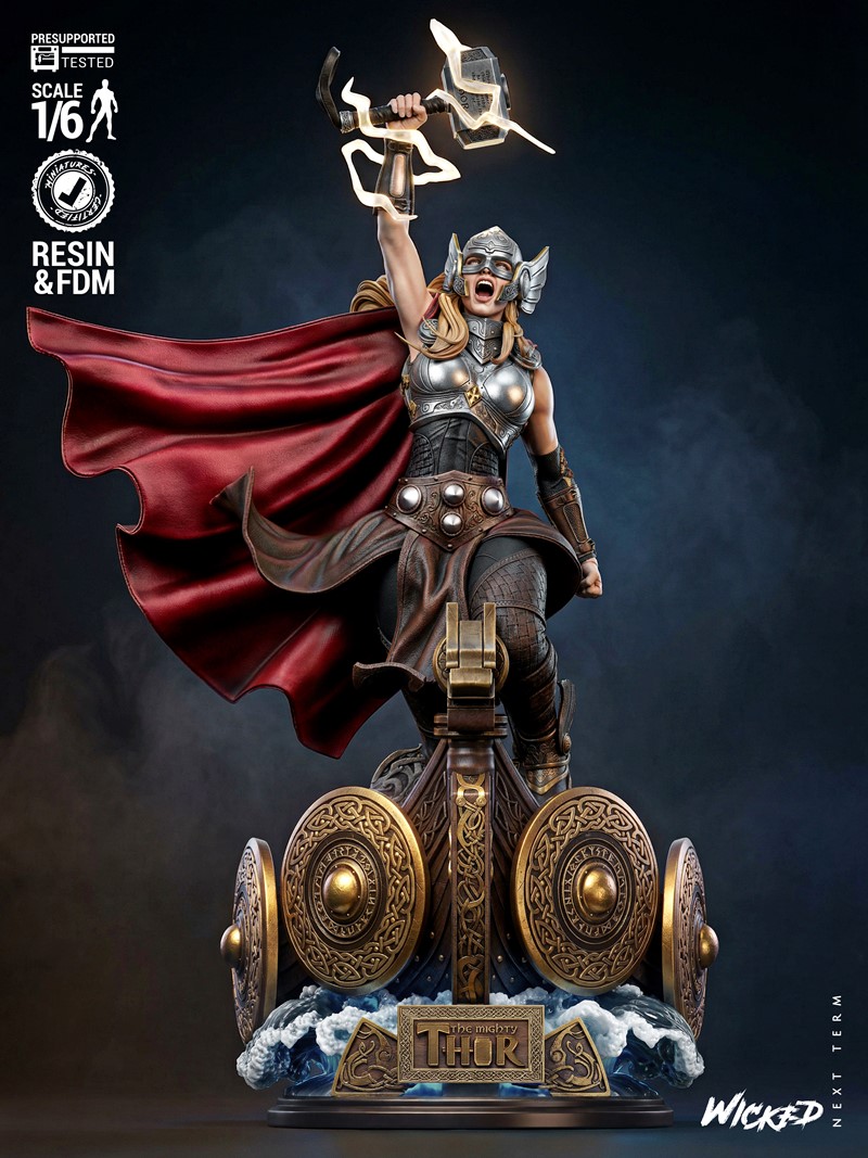 Female Thor sculpture by Wicked, 1/6 scale, in dynamic pose with Mjolnir raised, lightning effects, detailed armor, r...