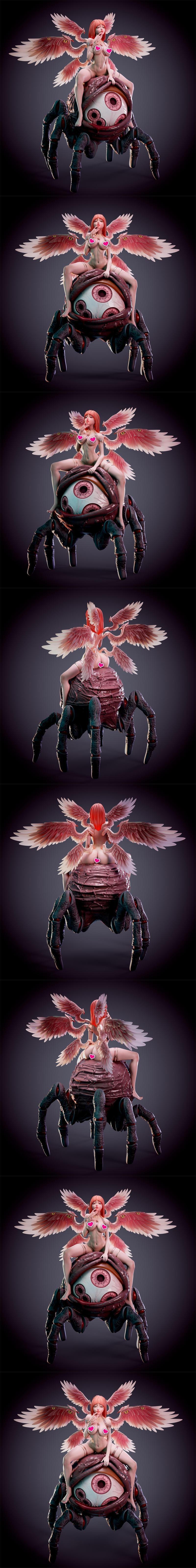 Fallen angel Serapha with red hair and pink wings sits on a large, multi-eyed demonic creature. She wears stockings a...