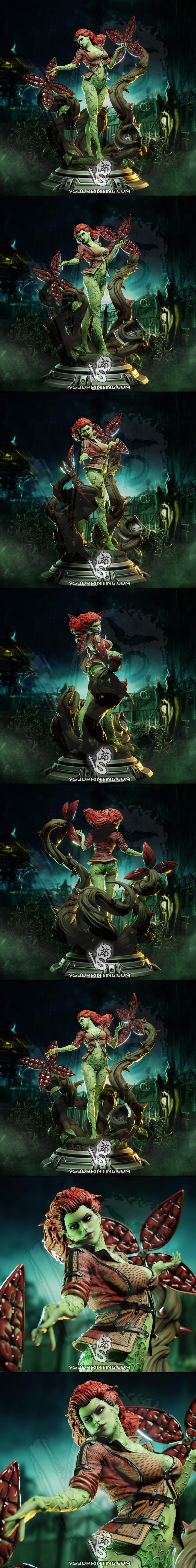 Poison Ivy in Arkham City attire, green skin with vine patterns, wearing a brown leather jacket and shorts, surrounde...