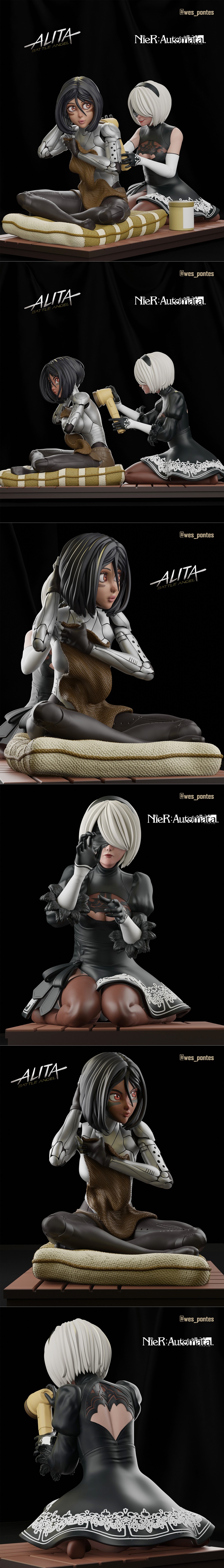Gally from Alita: Battle Angel and 2B from NieR: Automata sitting together on a cushion. Gally wears silver armor and...