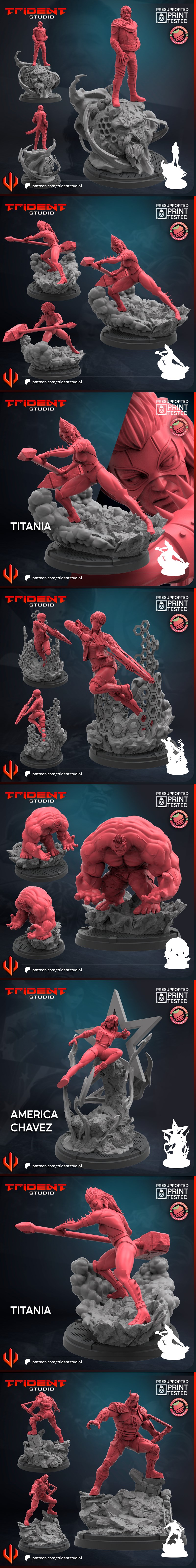 Collection of 3D print models from Trident Studio, featuring Marvel characters like Hulk and Daredevil, presented in...