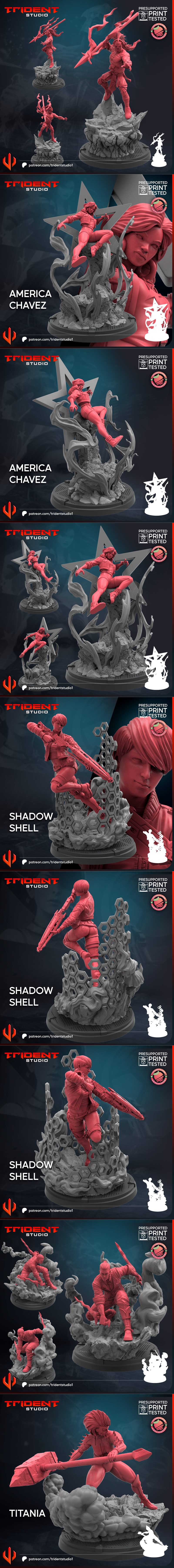 Collection of 3D print models from Trident Studio, featuring Marvel characters like Hulk and Daredevil, presented in...