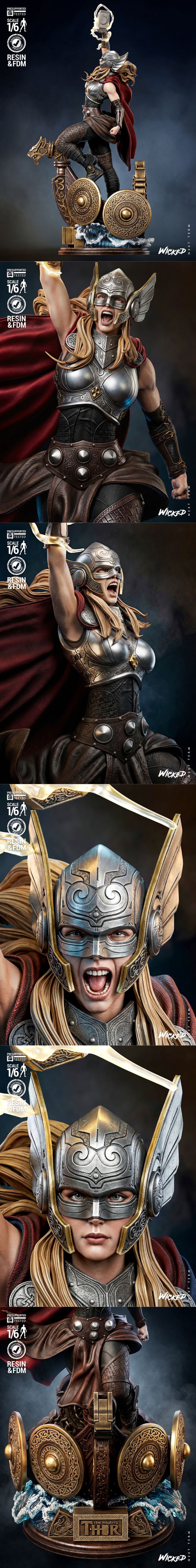 Female Thor sculpture by Wicked, 1/6 scale, in dynamic pose with Mjolnir raised, lightning effects, detailed armor, r...