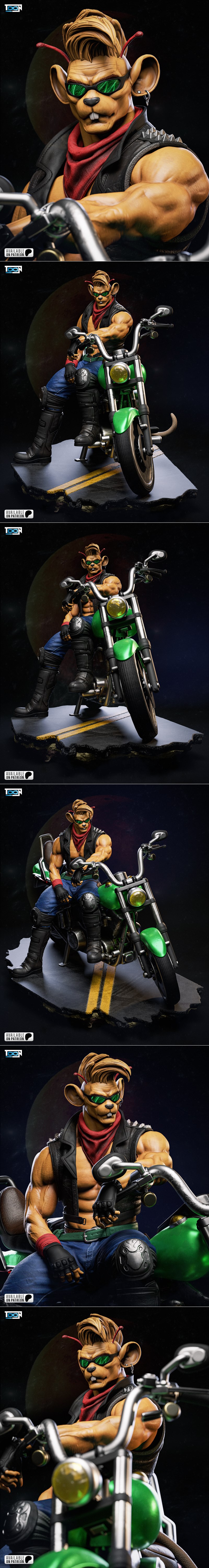 Throttle from Biker Mice from Mars seated on a green motorcycle, wearing a black leather vest, blue jeans, and green...