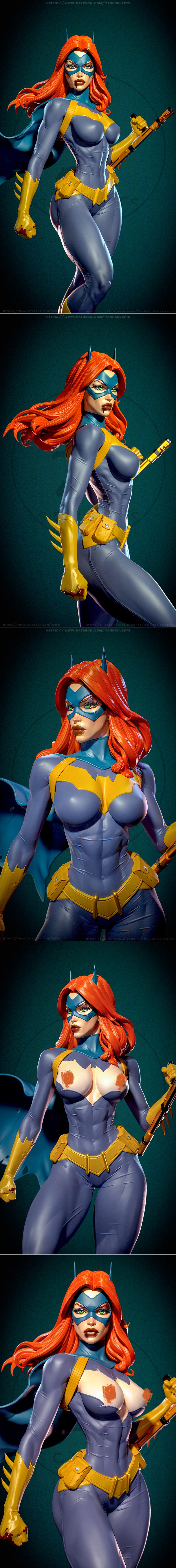 Batgirl (Barbara Gordon) 3D model by Yan-H, wearing a purple suit with yellow accents and a blue cape, standing heroi...