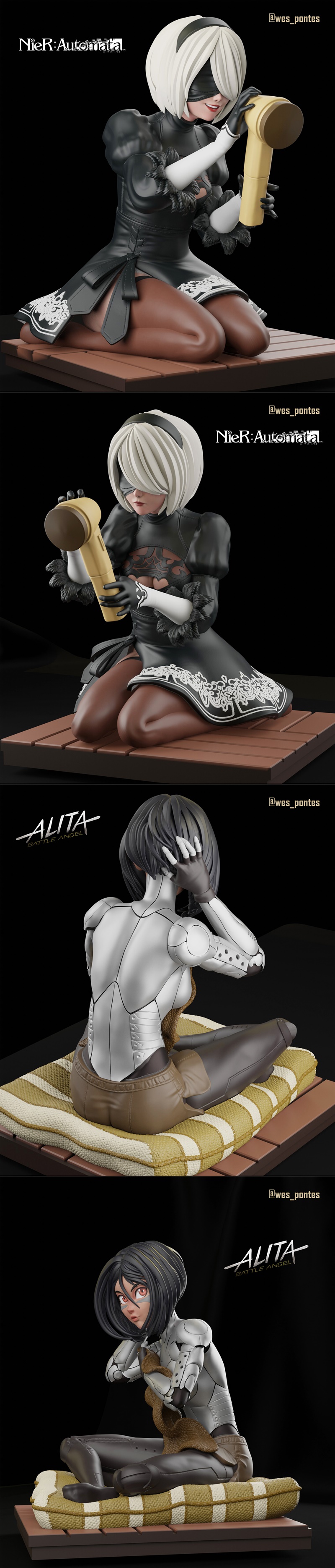 Gally from Alita: Battle Angel and 2B from NieR: Automata sitting together on a cushion. Gally wears silver armor and...