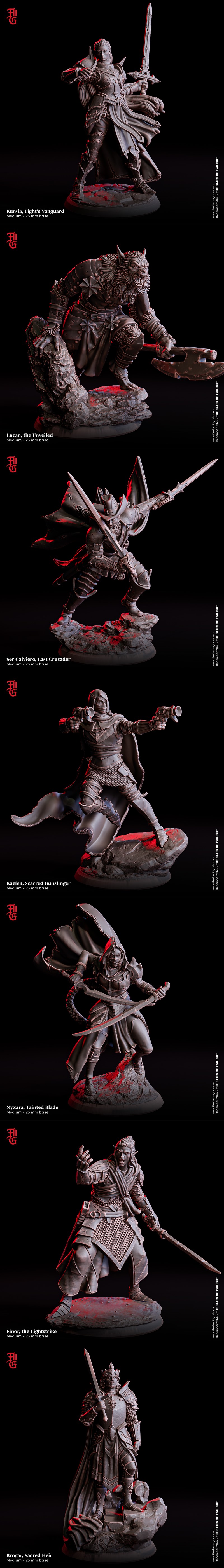 Five fantasy figures in dark, detailed armor: a warrior with spiky helmet, an elf with a halo and sword, a skeletal m...