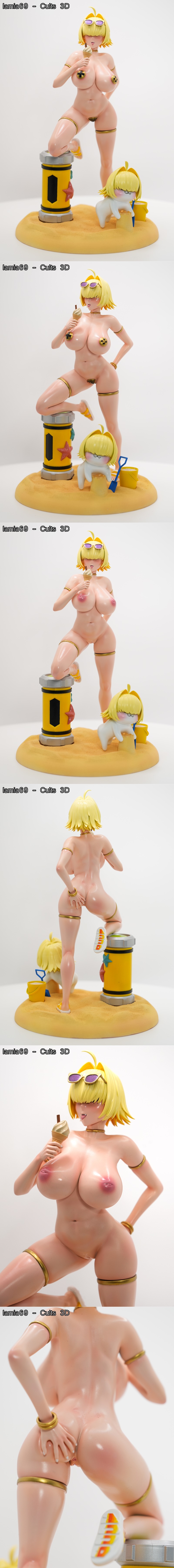 Nikke in a golden bikini on a beach, holding ice cream. A chibi character builds a sandcastle nearby. 3D model by Elegg.