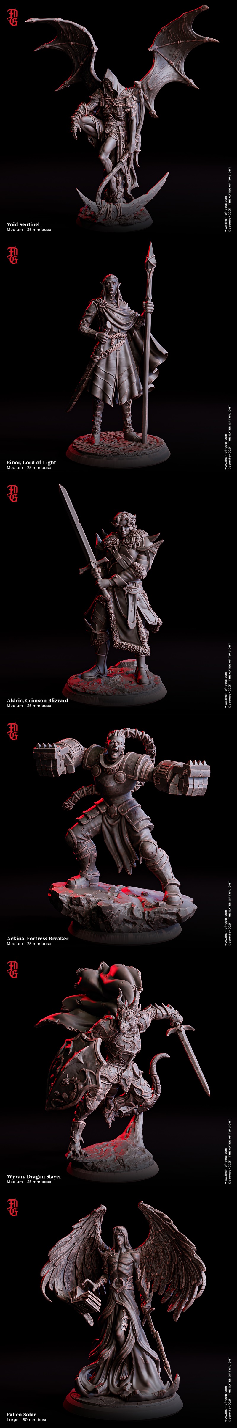 Five fantasy figures in dark, detailed armor: a warrior with spiky helmet, an elf with a halo and sword, a skeletal m...