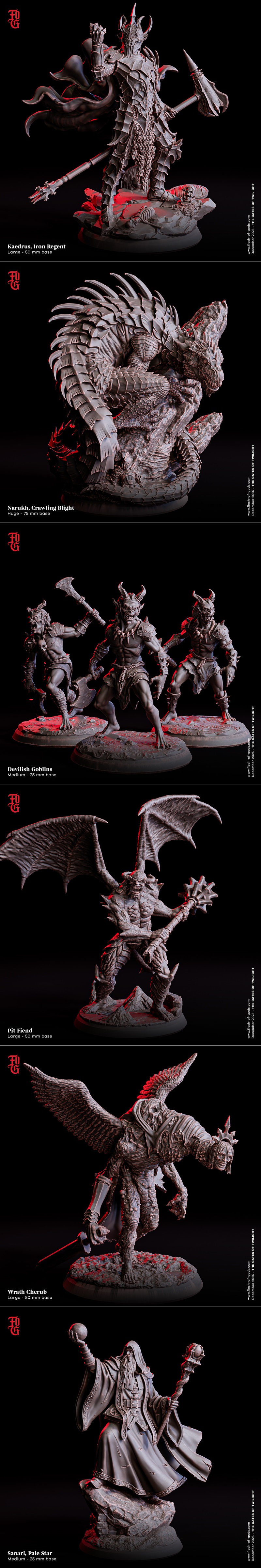 Five fantasy figures in dark, detailed armor: a warrior with spiky helmet, an elf with a halo and sword, a skeletal m...