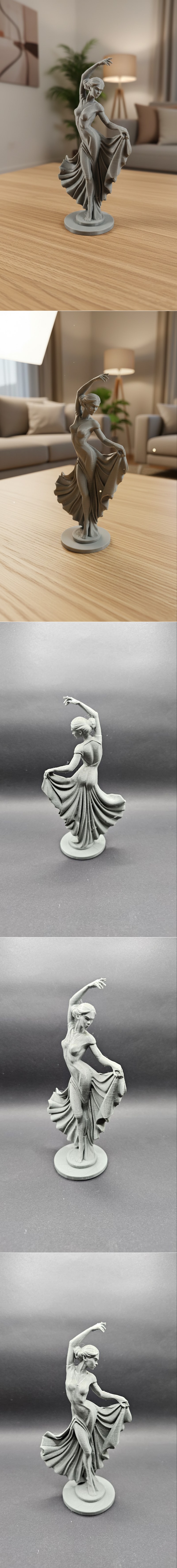 3D model of a female flamenco dancer in a flowing black dress with a high slit, striking an elegant pose on a marble...