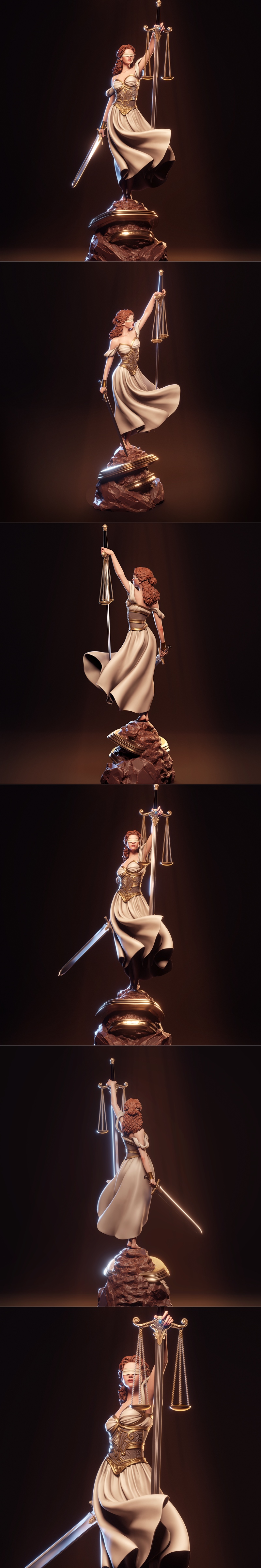 3D model of Justice figure, blindfolded, holding scales and sword, wearing a white gown and golden corset, on a rocky...