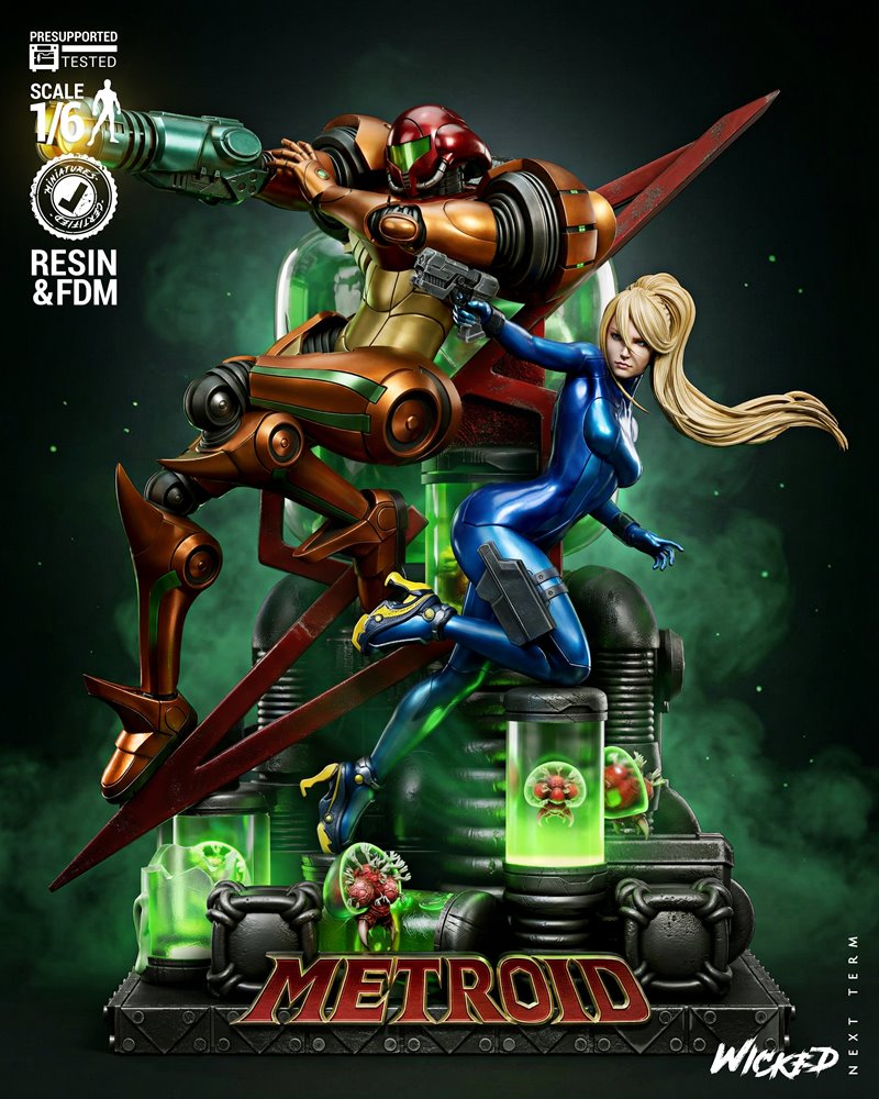 1:6 scale Metroid diorama 3D model featuring Samus Aran in Varia Suit and a Metroid in a specimen jar, by Wicked.