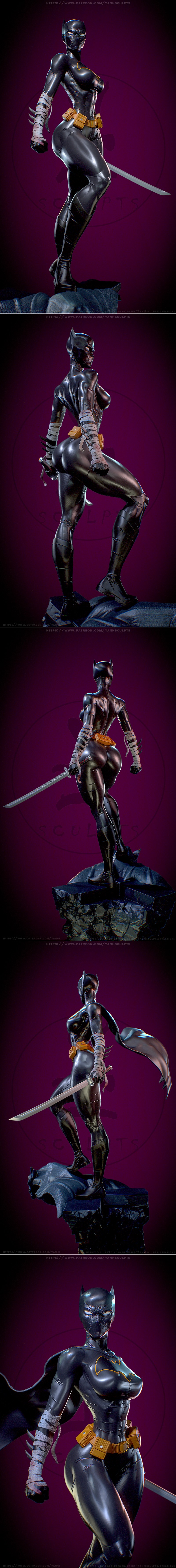 Batgirl (Cassandra Cain) 3D model figure by Yan-H, wearing a black suit and cape, holding a katana, standing on a gar...