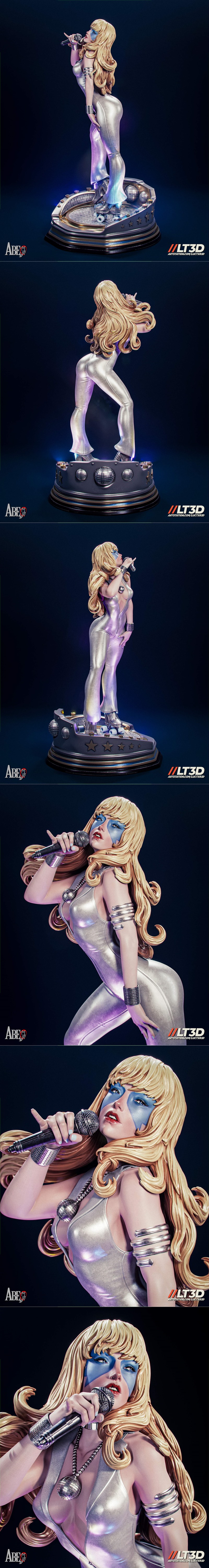 Dazzler figure in a silver disco jumpsuit and roller skates, holding a microphone, on a futuristic stage base with a...