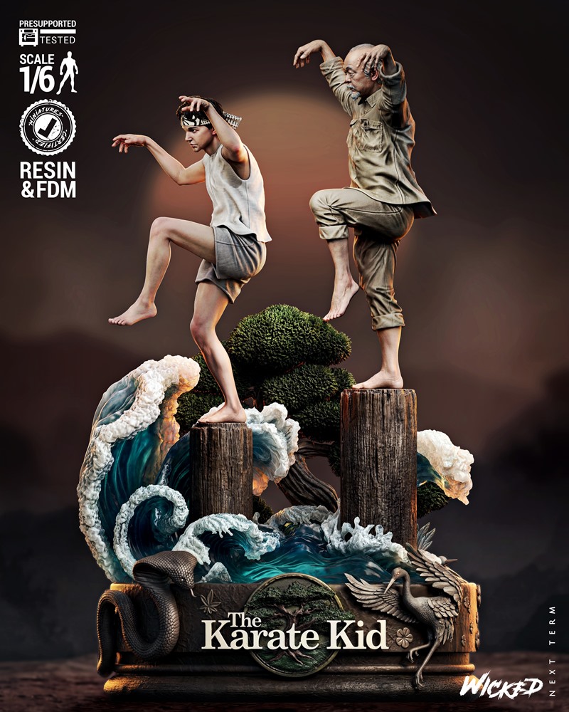Daniel LaRusso and Mr. Miyagi in martial arts poses on a diorama base with crashing waves, a bonsai tree, and a snake...