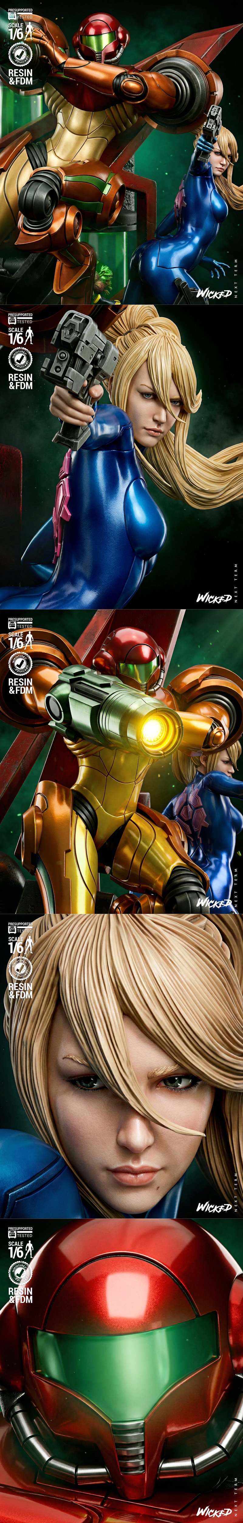 1:6 scale Metroid diorama 3D model featuring Samus Aran in Varia Suit and a Metroid in a specimen jar, by Wicked.