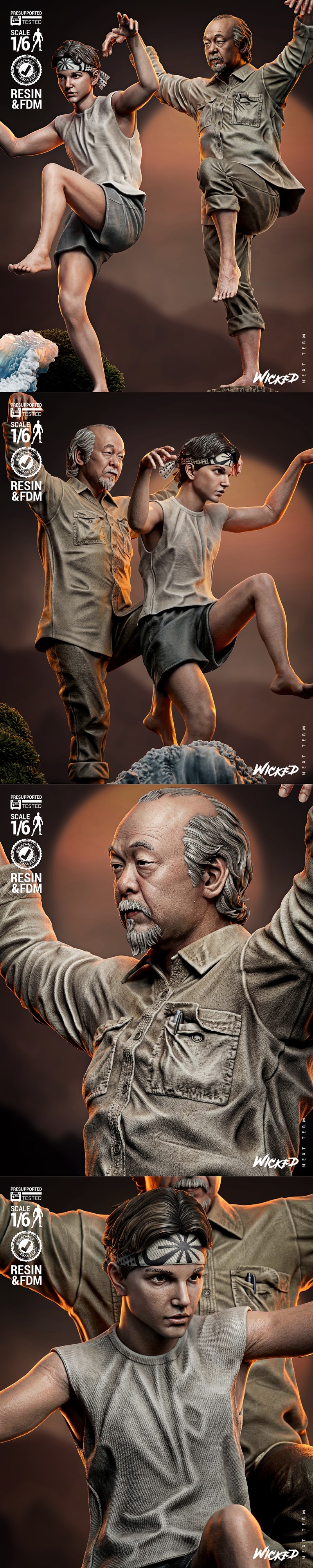 Daniel LaRusso and Mr. Miyagi in martial arts poses on a diorama base with crashing waves, a bonsai tree, and a snake...