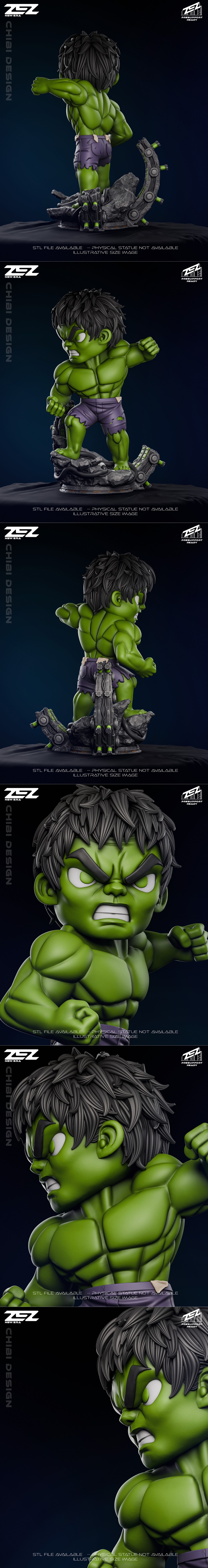 Chibi Hulk 3D model by ZEZ Studio, standing on a rocky base with mechanical parts, fists clenched in an angry pose.